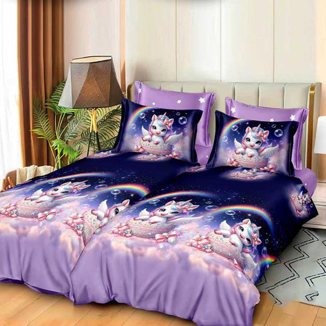 Спално бельо с 2 плика - лилаво и синьо с еднорози