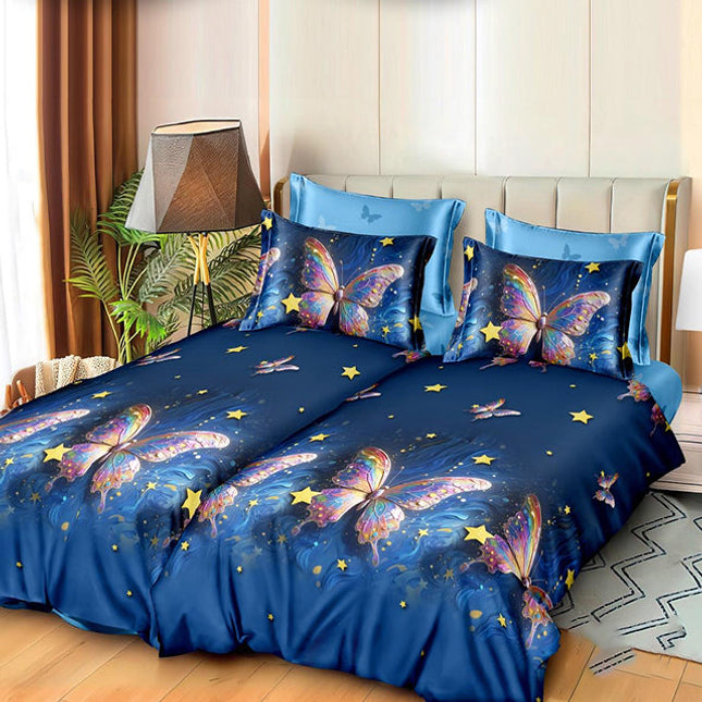 Спално бельо с 2 плика - синьо с пеперуди и звезди