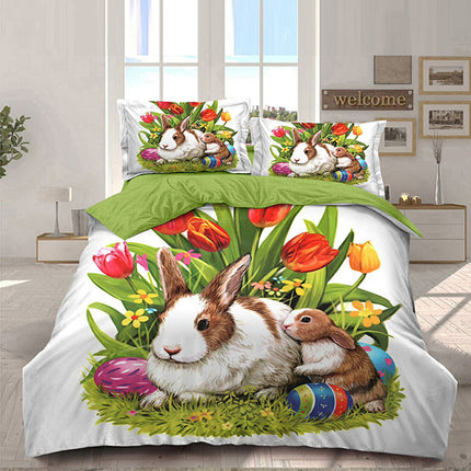 Великденско спално бельо 100% памук - бяло и зелено със зайчета и цветя
