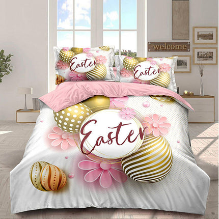 Великденско спално бельо 100% памук - бяло и розово с яйца и надпис