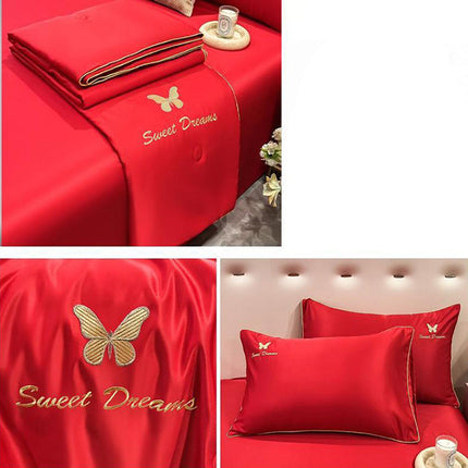 Луксозно спално бельо с нежно покривало и бродерия – червено