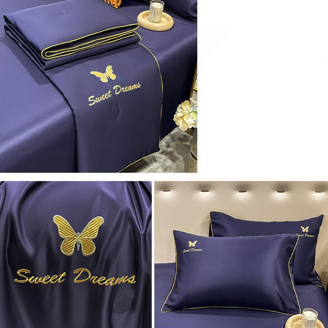 Луксозно спално бельо с нежно покривало и бродерия – цвят индиго