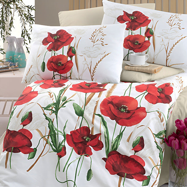 Спално бельо с 2 плика от ранфорс памук – бяло с макове – R3-89