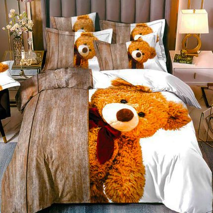 3D Единично спално бельо - бяло и кафяво с мече