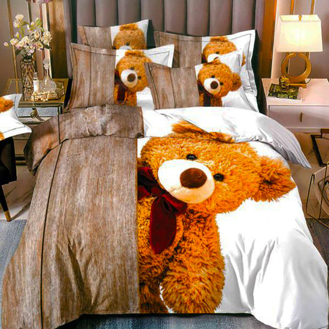 3D Единично спално бельо - бяло и кафяво с мече