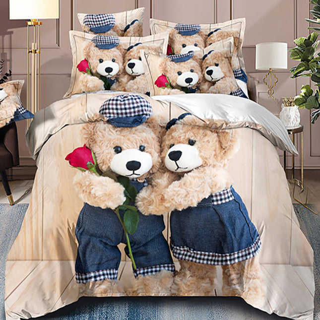 3D Единично спално бельо - цвят крем с мечета