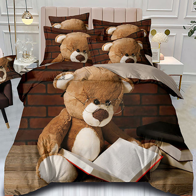 3D Единично спално бельо - кафяво и бежово с мече и книжка