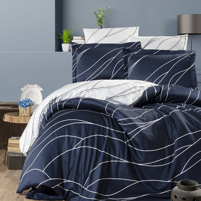 Спално бельо с 2 плика от памучен сатен - MESY NAVY BLUE