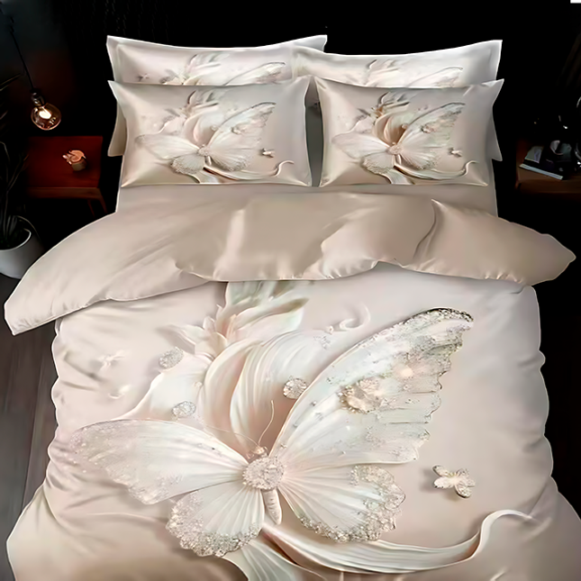 3D Спално бельо от 100% памук – цвят крем с пеперуди 