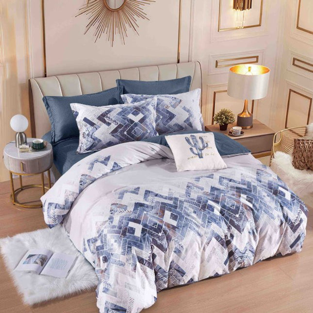 Единично спално бельо от 100% памук - бяло със сини орнаменти - F1-205