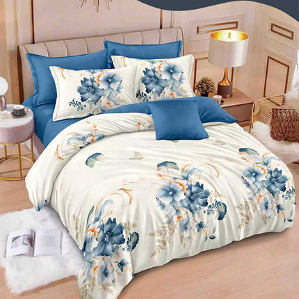 Спално бельо с ластик – бяло и синьо с цветя – T6-343