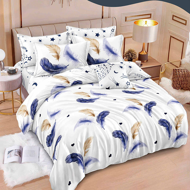 Спално бельо с ластик – бяло с пера и звездички 