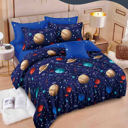 Спално бельо с ластик – тъмносиньо с планети 