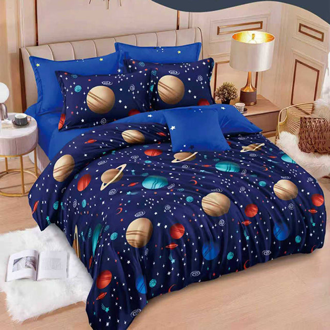 Спално бельо с ластик – тъмносиньо с планети 