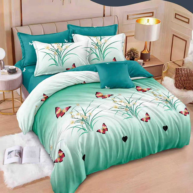Спално бельо с ластик – цвят тюркоаз с пеперуди и листа