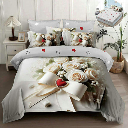 5D спално бельо от 4 части с ластик - бяло с цветя и панделка