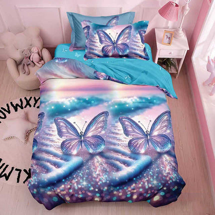 Единично спално бельо – лилаво и синьо с пеперуди