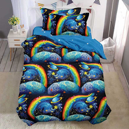 Единично спално бельо – синьо с планети и дъги – Y6-160